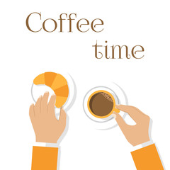 Coffee and croissants, hands man. Hands holding cup of coffee an