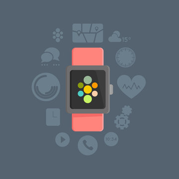 smart watch concept with app vector icon set