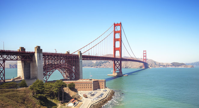 Panoramic view of the Golden Gate Bridge in San Francisco, USA.