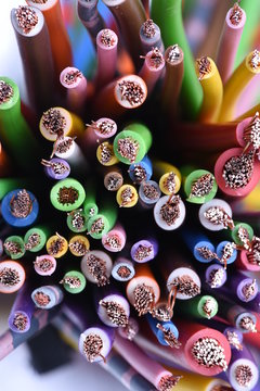 Colored electric cables closeup