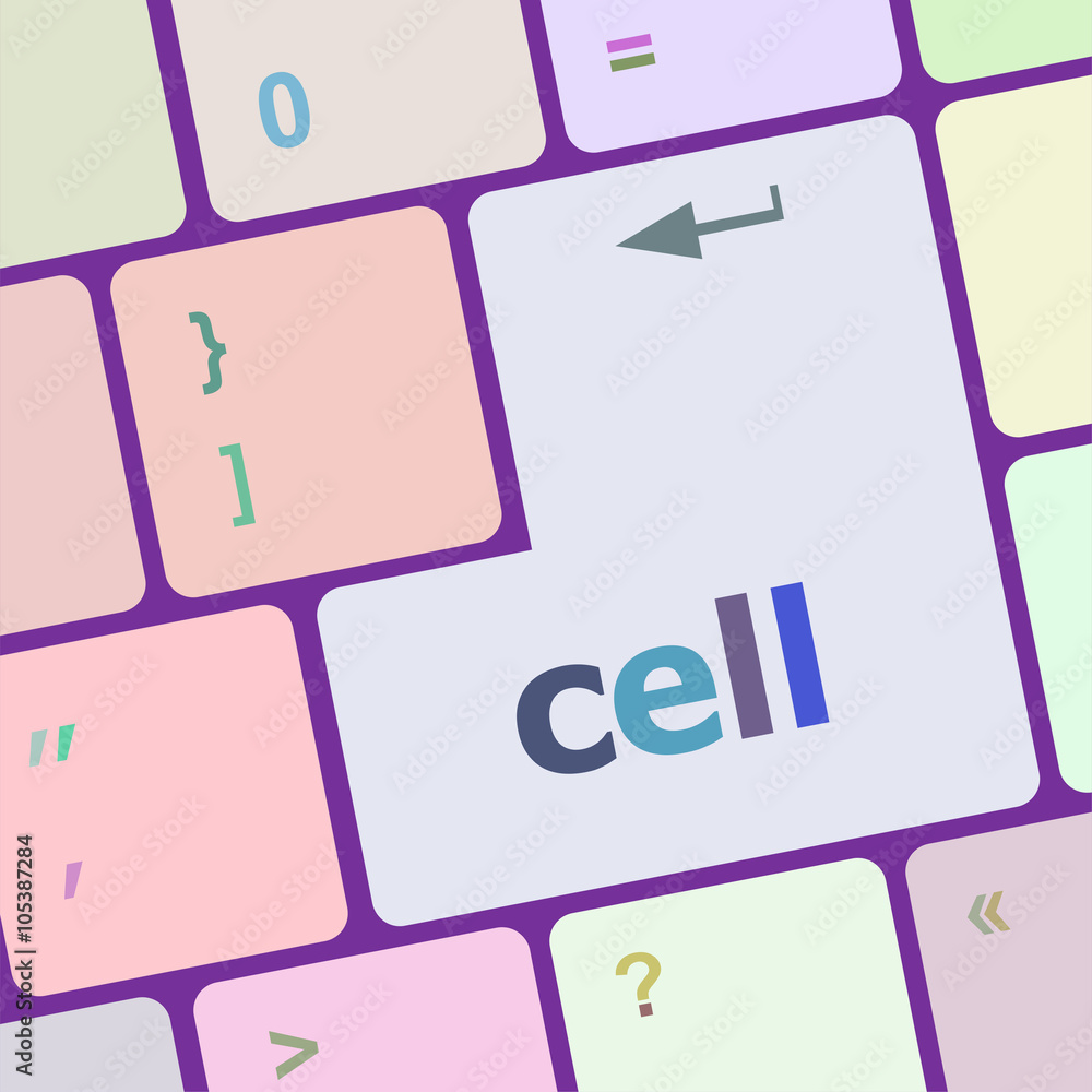 Poster cell word on keyboard key, notebook computer button vector illustration