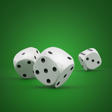 white rolling dice on a green white background