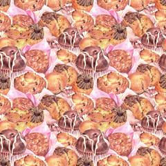 Hand drawn baking seamless background, muffins