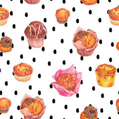 Hand drawn baking muffins seamless pattern 