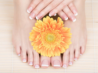 Obraz na płótnie Canvas female feet at spa salon on pedicure and manicure procedure