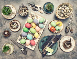 Easter still life. Table decoration vintage toned