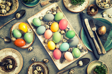 Easter still life with colored eggs. Vintage style