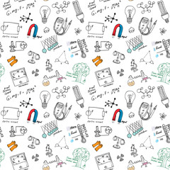 Physics and sciense seamless pattern with sketch elements Hand Drawn Doodles background Vector Illustration