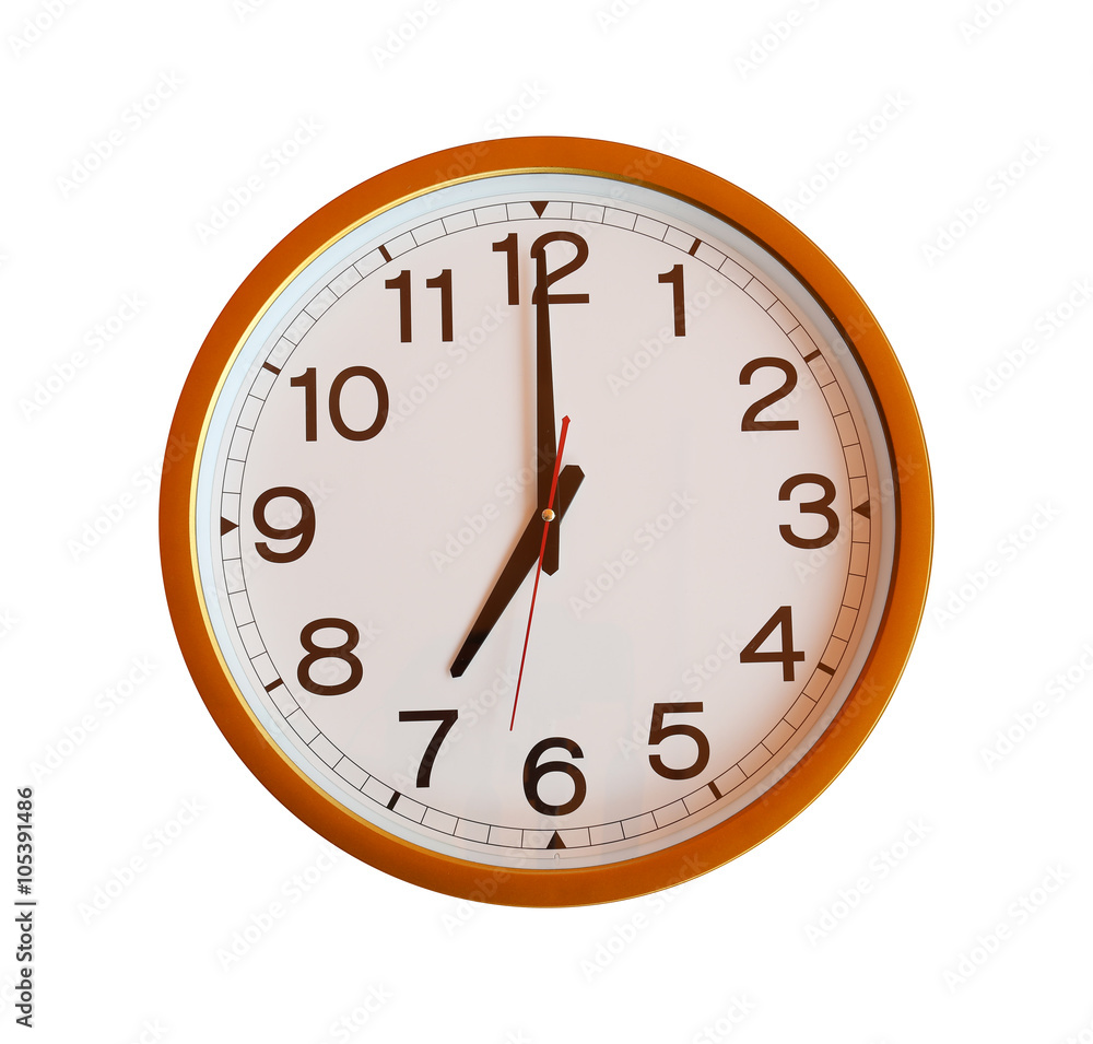 Wall mural orange wall clock isolated in seven o'clock.