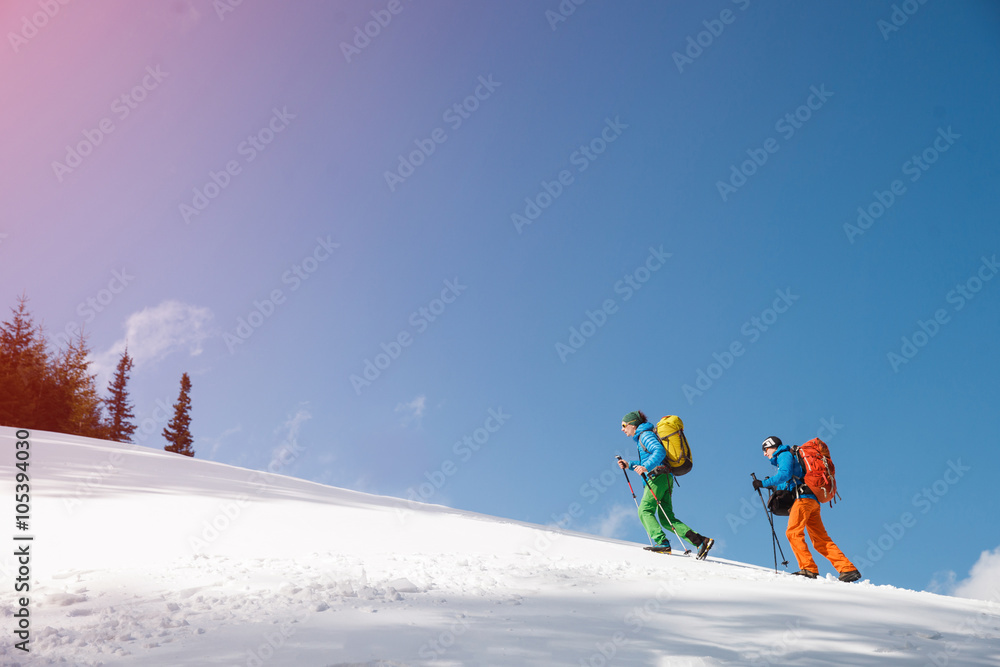 Wall mural Two hikers against blue sky in winter mountains