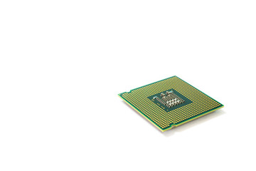 Close-up on a CPU microchip on white isolated background is heart important computer or electronic...