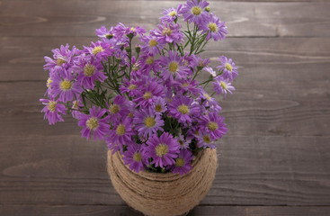 Purple cutter flowers in the jar, on the wooden background