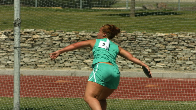 Track and Field athlete throwing discus, slow motion