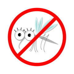 Mosquito. Red stop sign icon. Cute cartoon funny character. Insect collection.  White background. Isolated. Flat design.