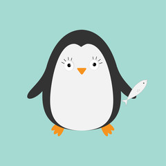 Penguin with fish. Cute cartoon character. Arctic animal collection.  Baby bird. Flat design
