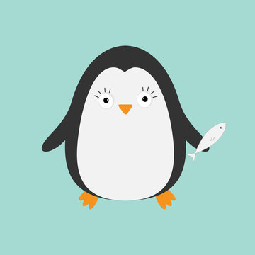 Penguin with fish. Cute cartoon character. Arctic animal collection.  Baby bird. Flat design