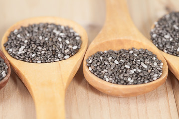 Nutritious chia seeds on a wooden spoon