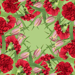 Floral background. Red carnations and pink tulips 