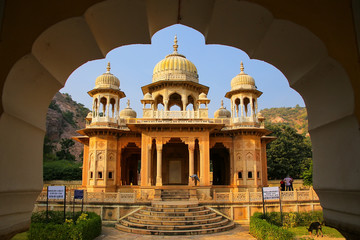 Framed view of Royal cenotaphs in Jaipur, Rajasthan, India