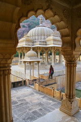 Framed view of Royal cenotaphs in Jaipur, Rajasthan, India