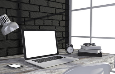 Fototapeta premium 3D illustration laptop and work stuff on table near brick wall, Workspace