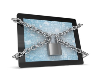 tablet PC with chains and lock isolated on white background