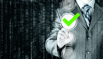 business man touching, pressing modern button with green ticking Check Box.