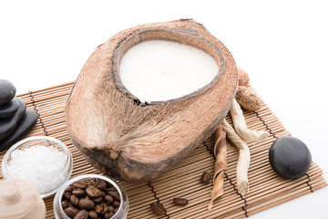 coffee beans, Spa stuff with candles in coconut
