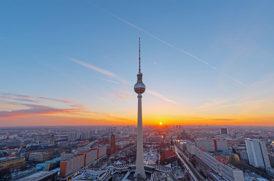 Beautiful sunset over downtown Berlin with the famous Television Tower