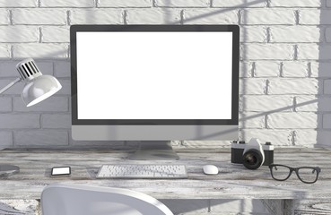 Fototapeta premium 3D illustration PC screen on table in office, Workspace