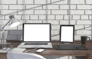 Fototapeta premium 3D illustration laptop and work stuff on table near brick wall, Workspace