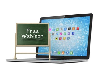 Laptop with chalkboard, free webinar, online education concept