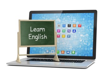  Laptop with chalkboard, learn english, online education concept