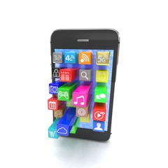  application software icons extruding from smartphone, isolated on white