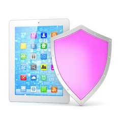 Tablet PC and shield on white device security concept