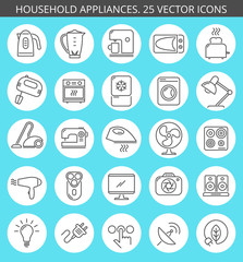 Thin line icon collection of household appliances. Kitchen equipment: microwave, blender, oven, mixer, freezer, toaster, coffee machine, kettle. Over domestic appliances: vacuum, iron, television, fan