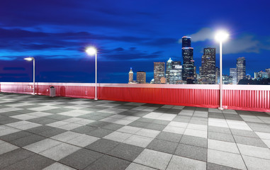 empty marble floor with cityscape and skyline of seattle