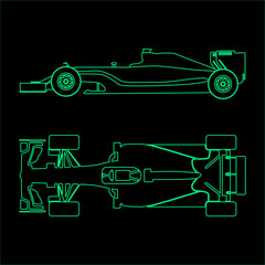 Formula car, linear light silhouette of a racing car isolated on black background. Top view and side view. Vector illustration