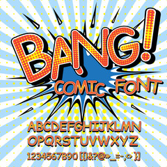 Alphabet collection set. Comic pop art style. Letters, numbers and figures for kids' illustrations, websites, comics, banners.