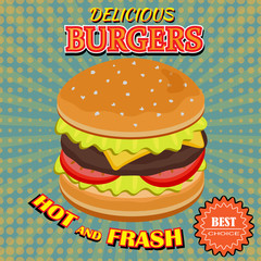 Vintage burger poster design, pop art style, vector illustration