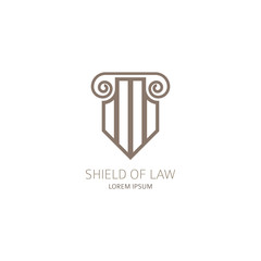 Law office logo template. Lawyer logo in the form of shield with greece column. Vector illustration.
