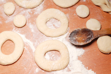The pastry chef prepares the donuts from dough