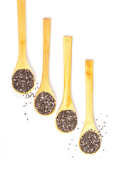 Nutritious chia seeds on a wooden spoon on white background