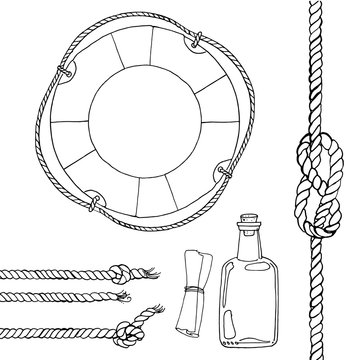 recommend clip art: Set of sea objects black outline, lifebuoy, ropes, cords, labels, bottle with a note