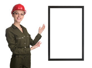 Worker woman showing screen with copy space