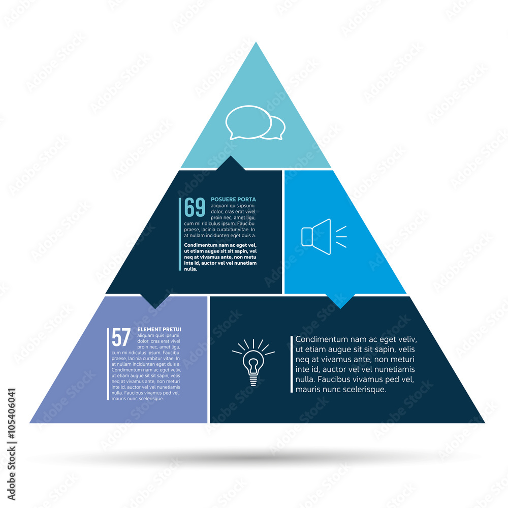 Poster step by step diagram. flat triangle with color sections. triangle scheme, chart, graph, options bann