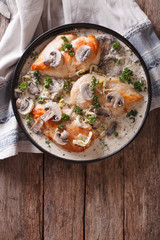 Chicken breast with mushrooms in cream sauce vertical top view
