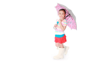 little girl with umbrella over white background