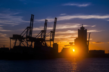 Cargo ship and cranes at sunset in port of Osaka