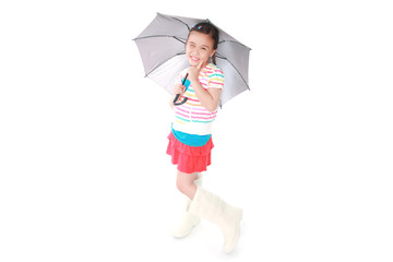 little girl with umbrella over white background